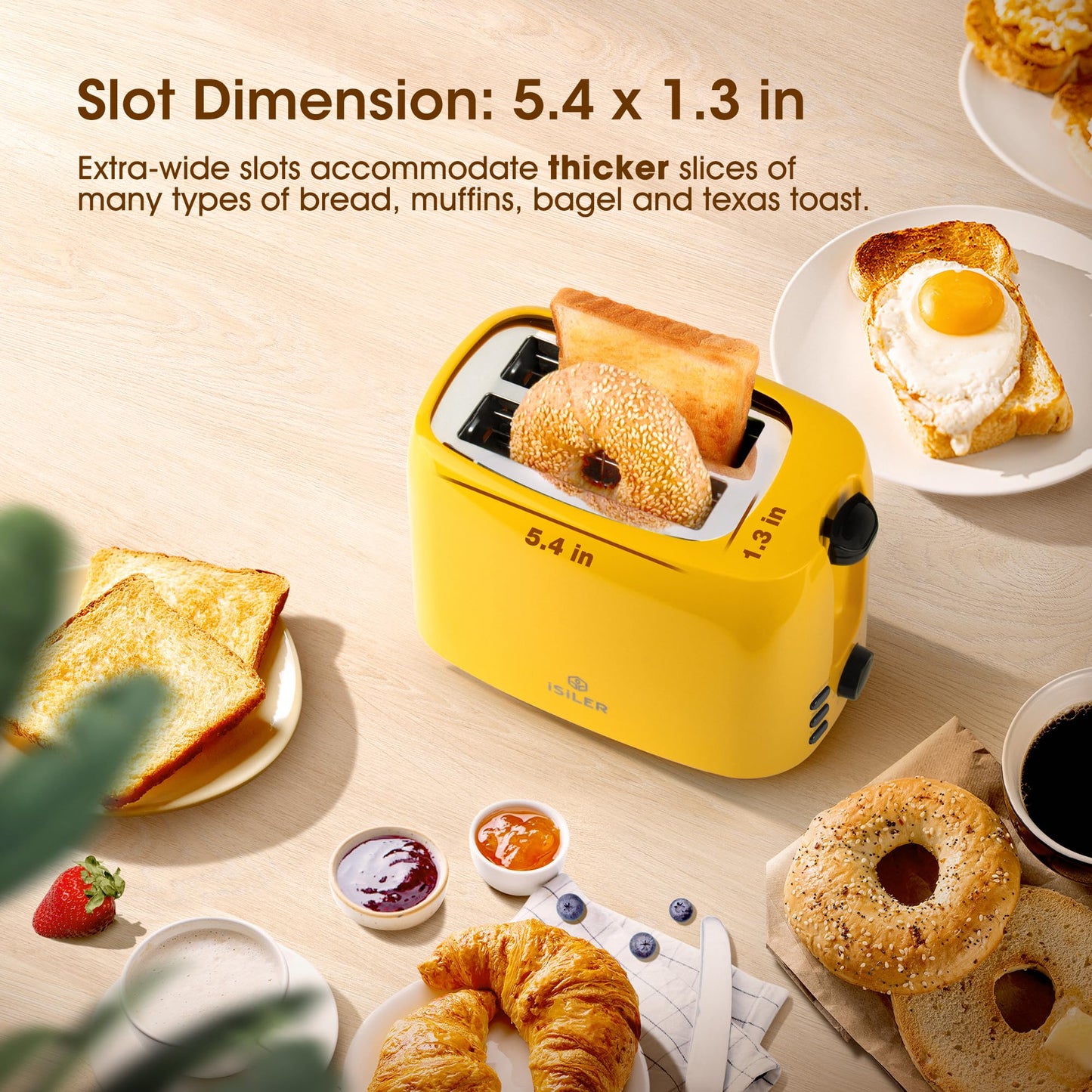 iSiLER 2 Slice Toaster, 1.3 Inches Wide Slot Bagel Toaster with 7 Shade Settings and Double Side Baking, Removable Crumb Tray, Defrost Cancel Function Yellow