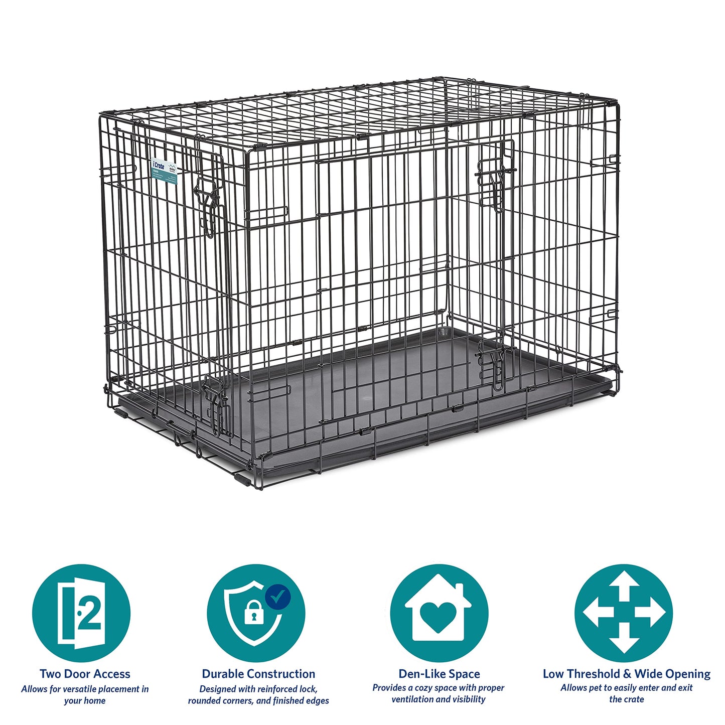 MidWest Homes for Pets Newly Enhanced Double Door iCrate Dog Crate, Includes Leak-Proof Pan, Floor Protecting Feet, Divider Panel & New Patented Features