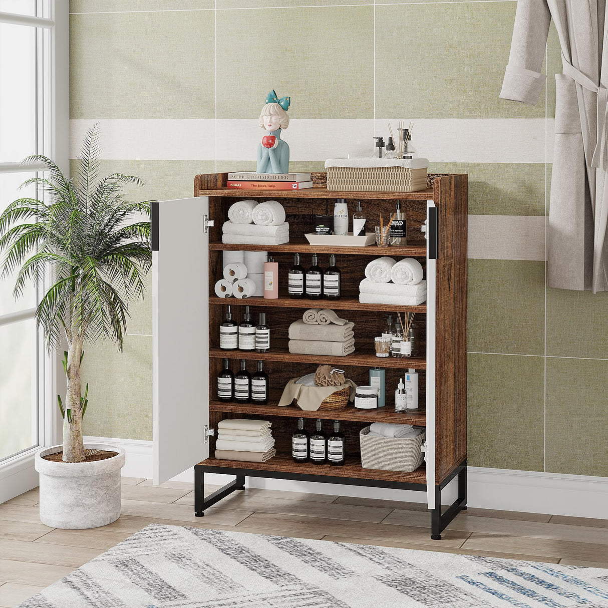 Tribesigns Modern Shoe Cabinet for Entryway, 25 Pairs Shoe Cabinet with Doors, Wood 5-Tier Shoe Organizer, Freestanding Brown Shoe Storage Cabinets with Black Metal Frame for Bedroom Living Room Tribesigns