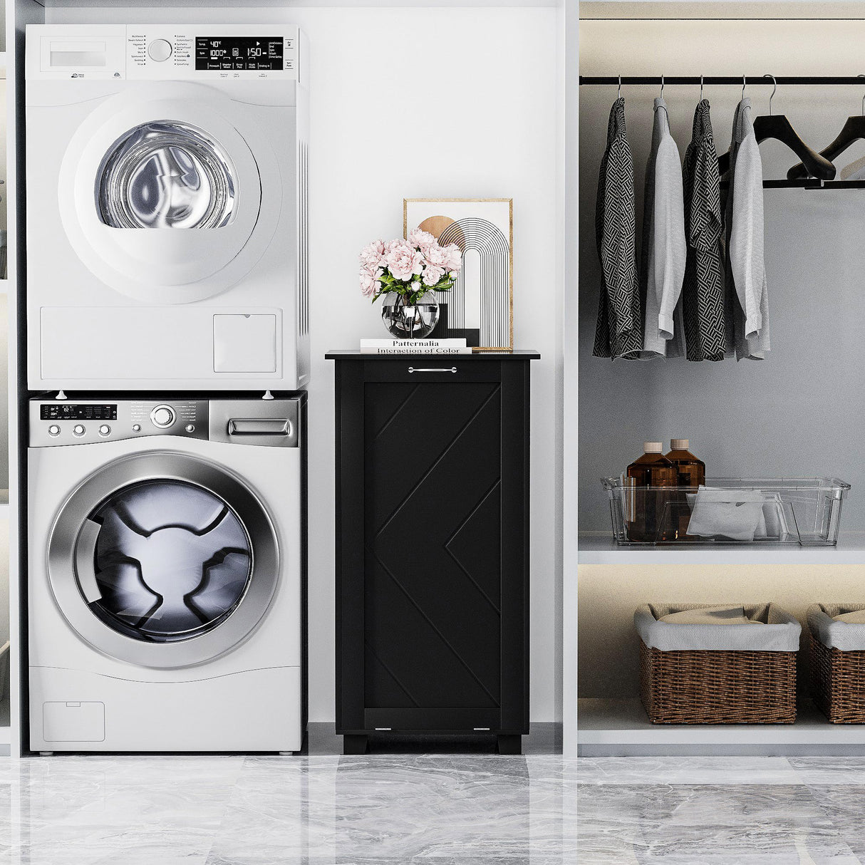 VECELO Tilt Out Kitchen Trash Bin Cabinet, Dog Proof Garbage Can with Wood Holder Free Standing Recycling, Black VECELO