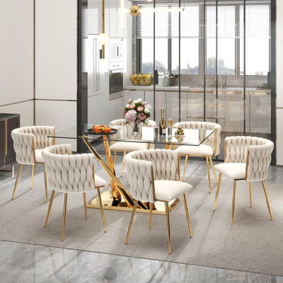 HAIZAO Modern Glass Dining Table Set for 6, 63'' Rectangular Tempered Tabletop with Aesthetic V Shape Gold Metal Base & 6 Beige Gold Woven Dining Chairs, 7 Piece Luxury Dining Table Set