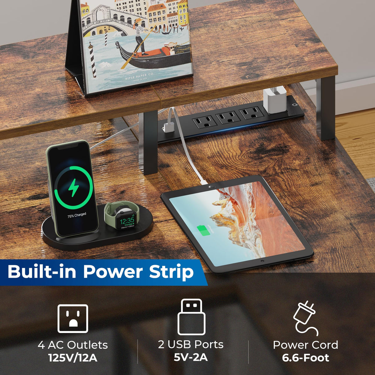 SUPERJARE 53 Inch L Shaped Desk with LED Lights & Power Outlets, Reversible Computer Desk with Shelves & Drawer, Corner Desk Home Office Desk, Rustic Brown SUPERJARE