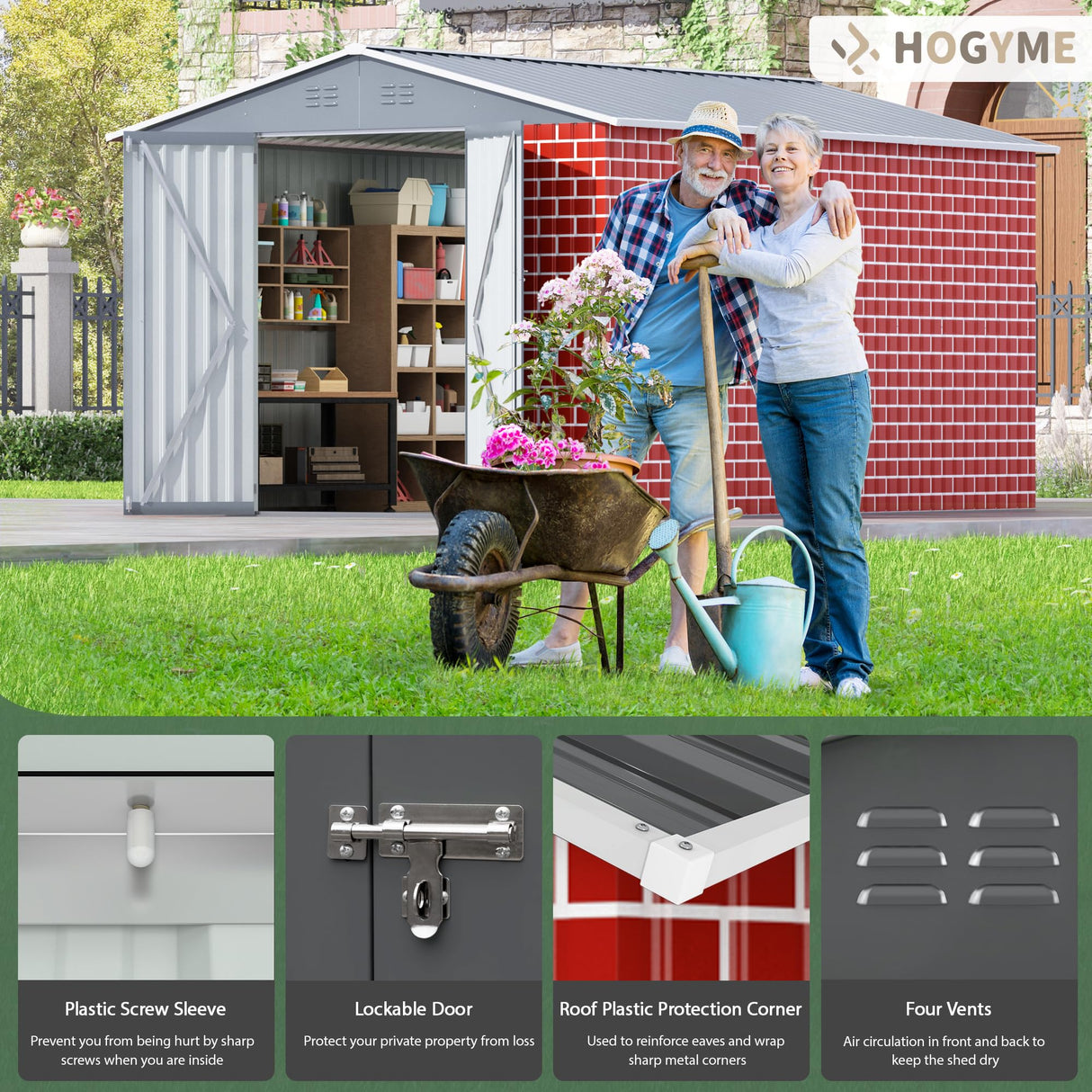 HOGYME 8X 12 FT Large Sheds Metal Building Tool Utility Shed Outdoor Waterproof Shed for Bike Storage for Garden, Backyard, Patio, Outside Use, Red HOGYME