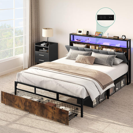 DWVO Storage Bed Frame Queen Size, LED Bed Frame with Storage Headboard & Charging Station, Upholstered Platform Bed with 2 Drawers, No Box Spring Needed, Easy Assembly, Vintage Brown and Grey DWVO