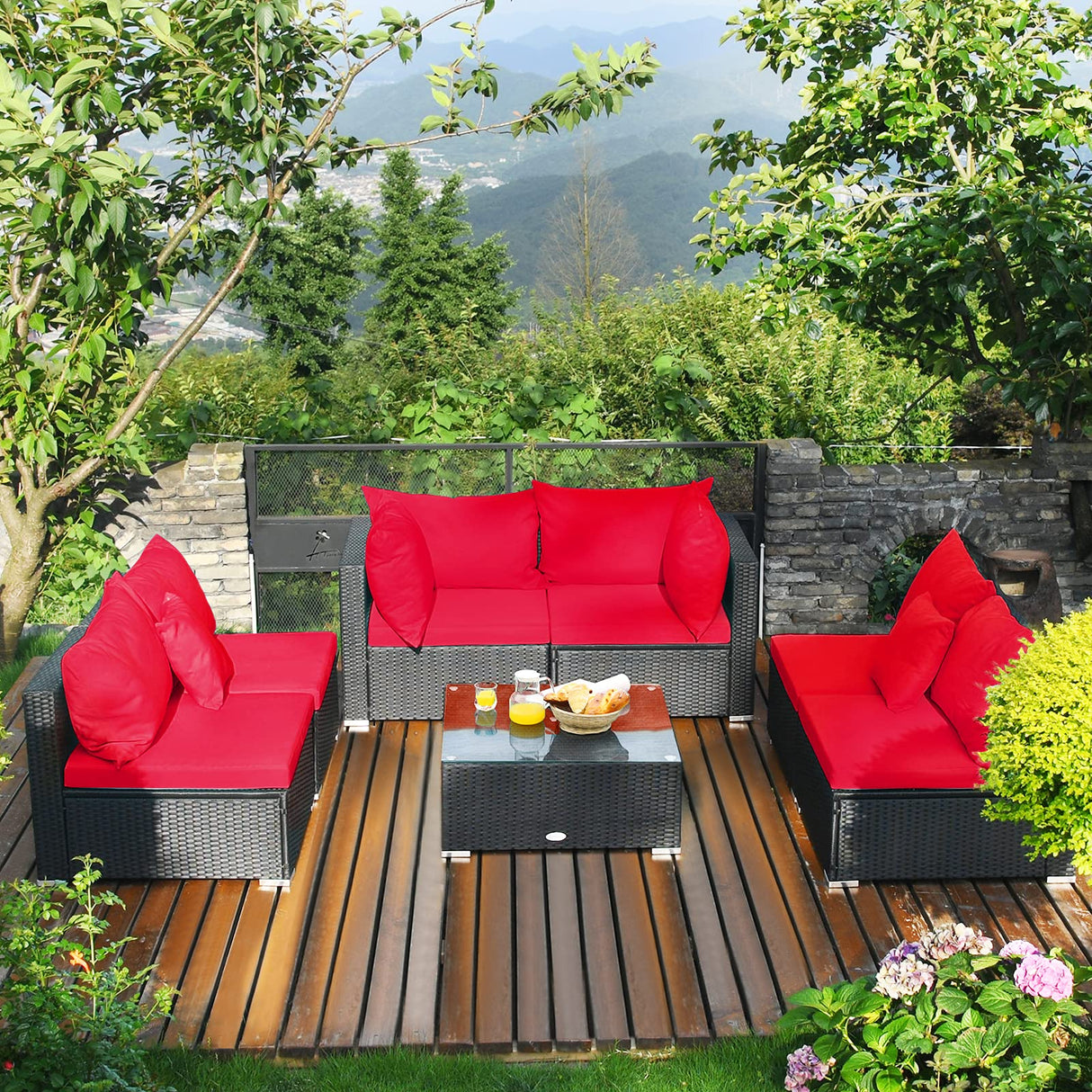 Tangkula 7 Piece Patio Furniture Set, Outdoor Sectional Sofa w/Pillows and Cushions, Wicker Sofa Conversation Set with Coffee Table, Patio Sofa and Tea Table Set for Garden, Lawn (Red) Tangkula