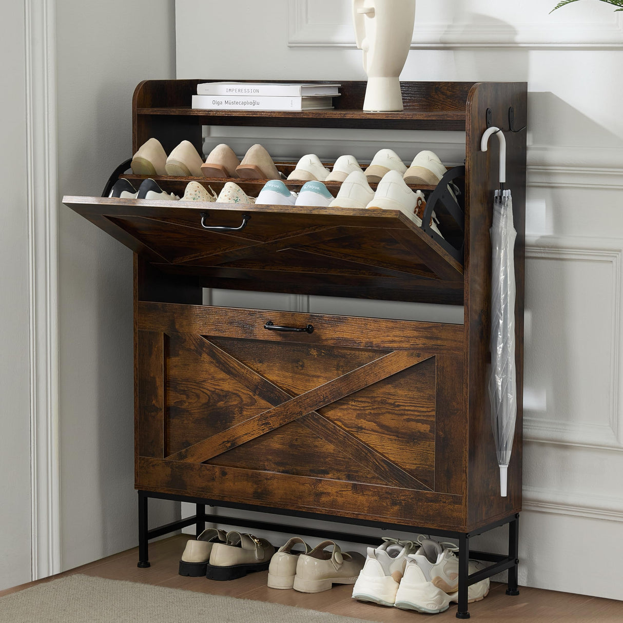 Chilihom Narrow Shoe Cabinet Storage for Entryway, Shoe Organizer with 2 Flip Drawers, Hidden Shoe Storage Slim Storage Cabinet with Metal Legs, Farmhouse Free Standing Shoe Rack Cabinet, Rustic Brown Chilihom