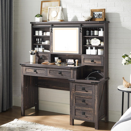 T4TREAM 48'' Farmhouse Makeup Vanity Desk with Sliding HD Mirror and Lights, Big Modern Lighted Vanity Table with 7 Drawers & Shelves, Rustic Large Dressing Table for Bedroom, Dark Rustic Oak T4TREAM