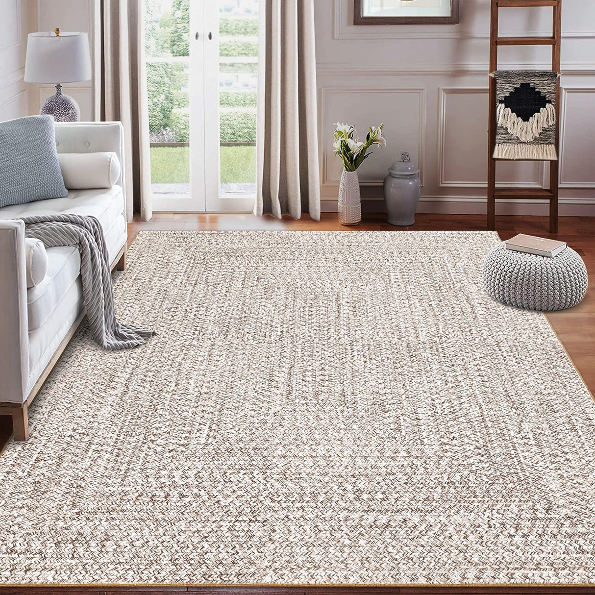 ROYHOME 8x10 Area Rug Machine Washable Rug for Living Room Print Braided Accent Rug Stain Resistant Non-Slip Carpet Farmhouse Solid Printed Textured Floor Cover for Home Decor, Beige/Grey ROYHOME