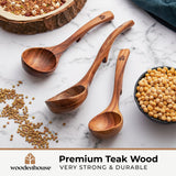 Wooden Ladle Spoon Set, 3 Size Teak Wood Kitchen Serving Spoon with Back Hooks for Pot & Bowl, Non-Stick Wooden Spoon Set for Cooking, Serving and Stirring WOODENHOUSE LIFELONG QUALITY