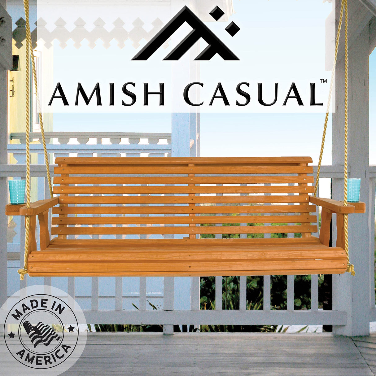 Amish Casual Heavy Duty 800 Lb Roll Back Treated Porch Swing with Hanging Ropes and Cupholders (4 Foot, Cedar Stain) Amish Casual