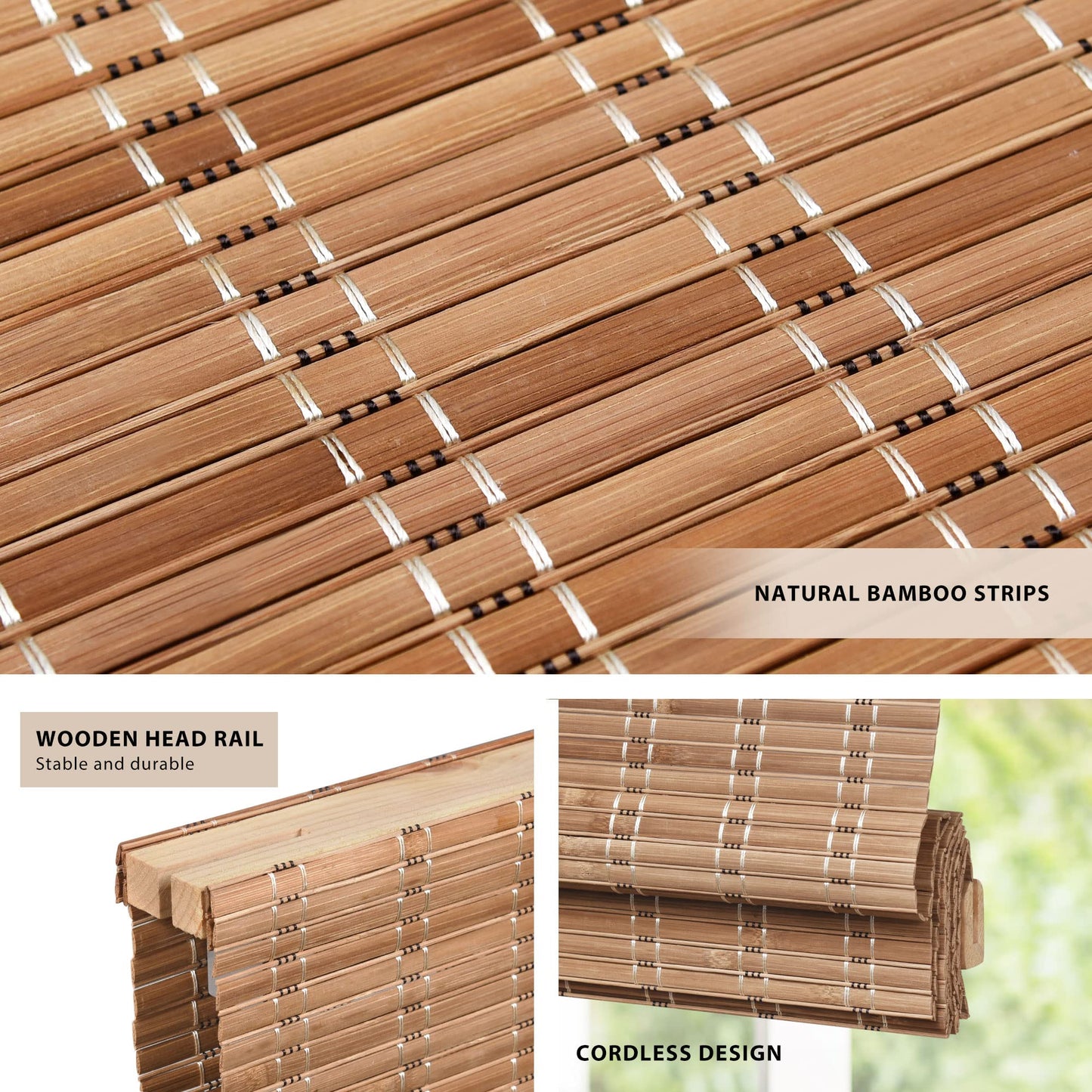 LazBlinds Cordless Custom Light Filtering Bamboo Roman Shades - Brown, No Tools or Drilling Required