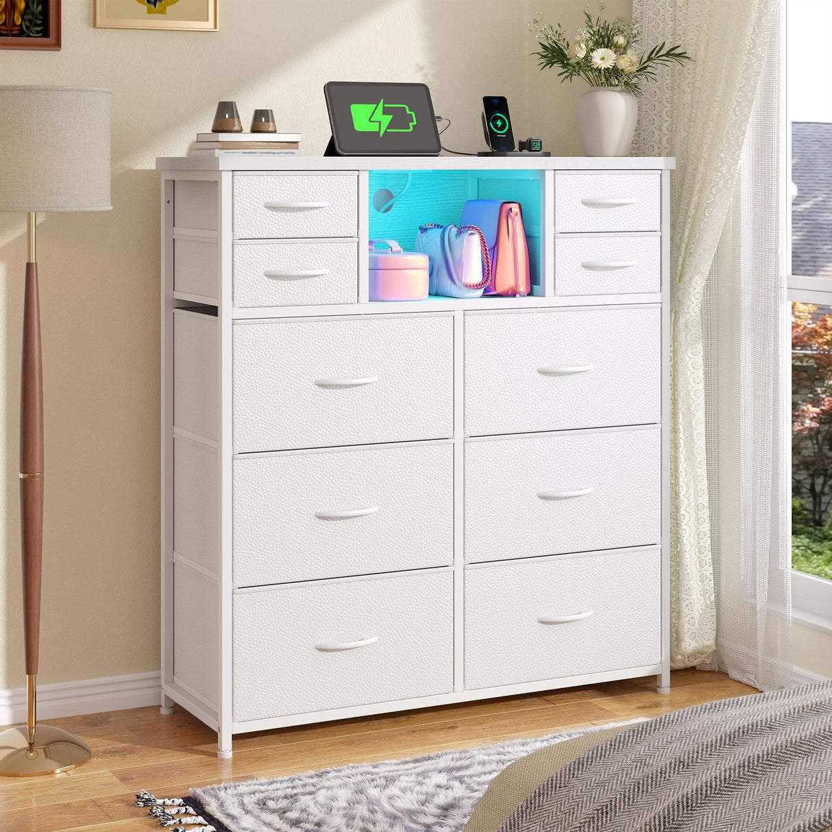 White Dresser for Bedroom with 10 Fabric Drawers,Organizer Unit with LED Light & Charging Station,Sturdy Chest of Drawers with 2 Open Shelves for Hallway,Living Room 11.8"D x 35.4"W x 39.4"H DurayLoly