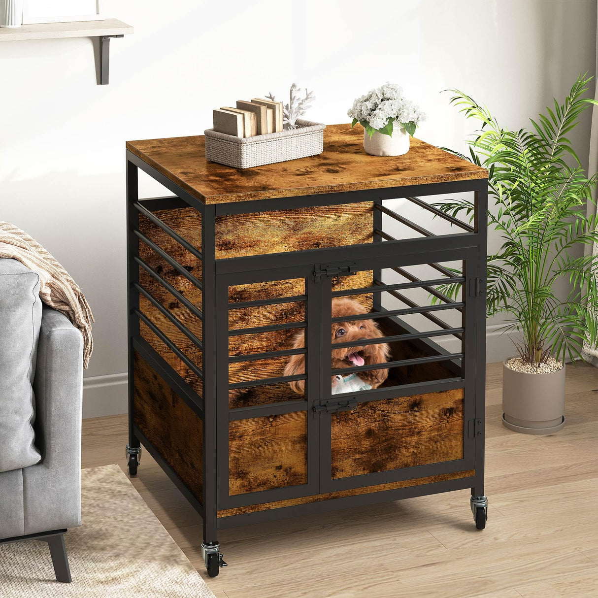 DWVO Dog Crate Furniture, 24 Inch Dog Kennel Indoor Furniture End Table Dog Crate for Dogs, Modern Decorative Dog Crate Wooden Dog Crate Furniture with Wheels, Chew-Resistant, Rustic Brown DWVO