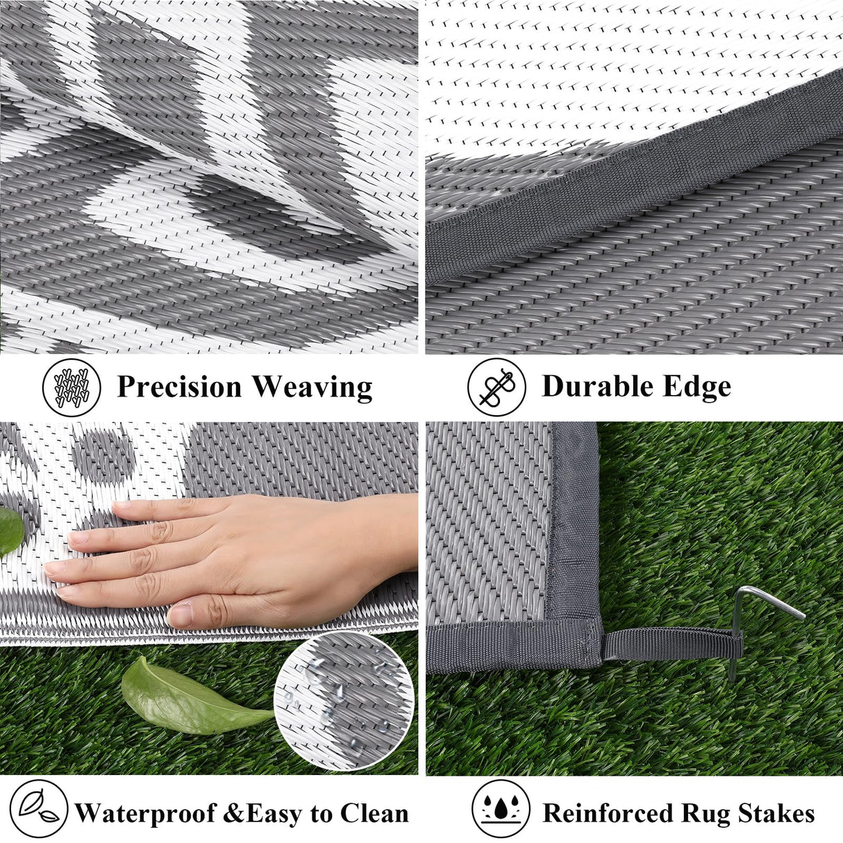 Bsmathom Waterproof Outdoor Rug 6'x9' Reversible Boho Plastic Straw Patio Deck Camping Rugs, Indoor Outdoor Portable RV Mat Clearance Carpet for Outside, Porch, Balcony, Backyard, Beach, Pool,Grey Bsmathom