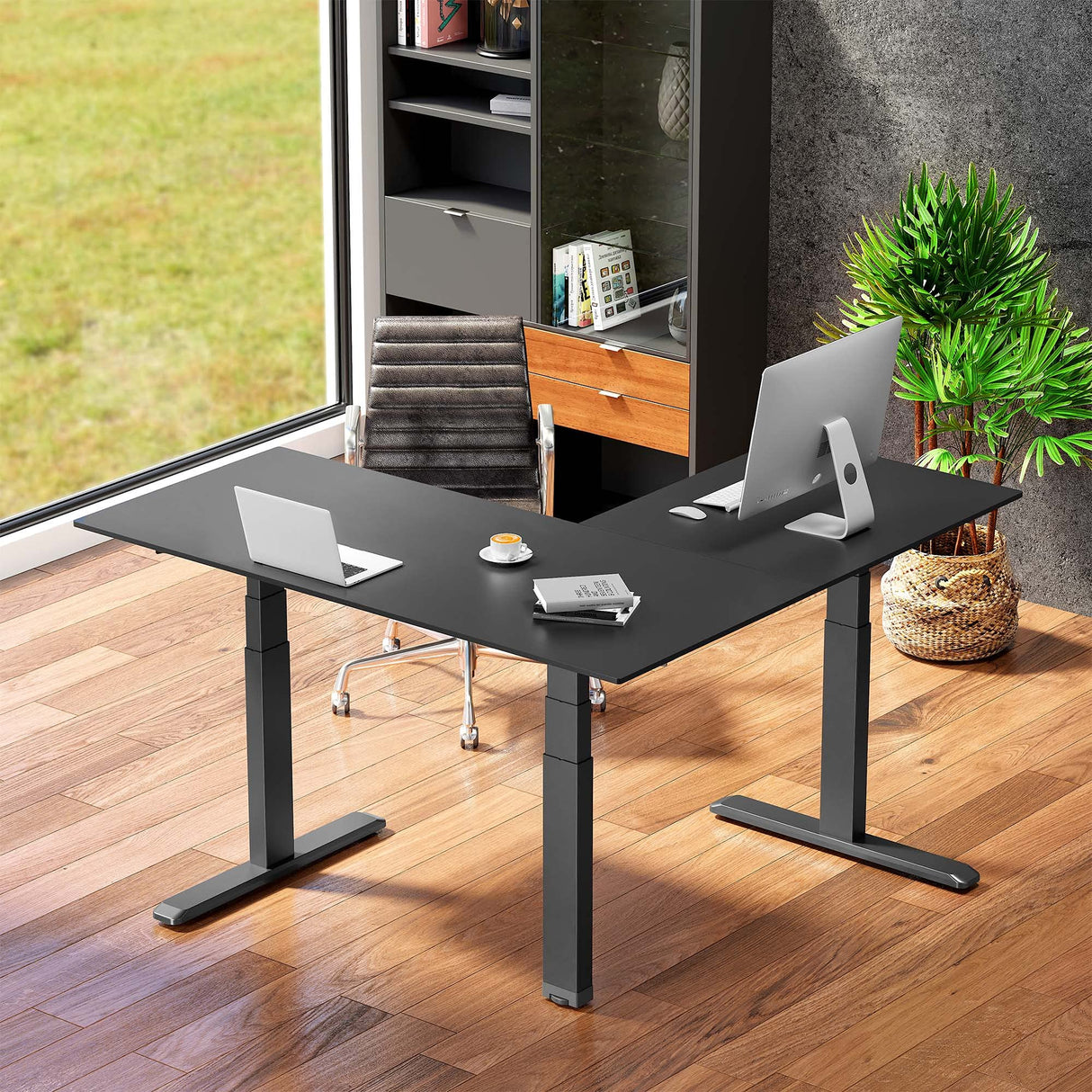 Stand Steady Tranzendesk Power Extra Large 71 Inch Electric L-Shaped Corner Standing Desk, Height Adjustable Ergonomic Corner Desk & Sit Stand Workstation, Fits 4 Monitors (Black, 71in x 71in) Stand Steady