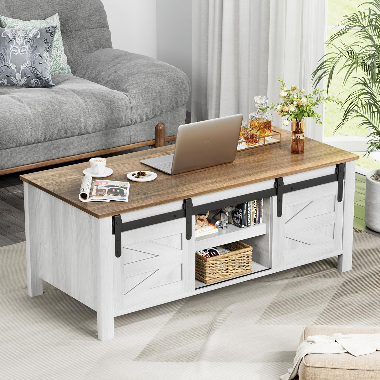 YESHOMY Coffee Table with Sliding Barn Doors & Storage, Wooden Center Rectangular Cabinet with Adjustable Shelves, for Livingroom, Bedroom, Home Office, White YESHOMY