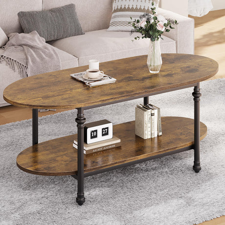 GarveeHome Oval Coffee Brown Table Unique Tea Table 47.2" Cocktail Table Low Storage Coffee Table 2 Tier Vintage Center Table for Living Room Office Rustic Mid Century GarveeHome