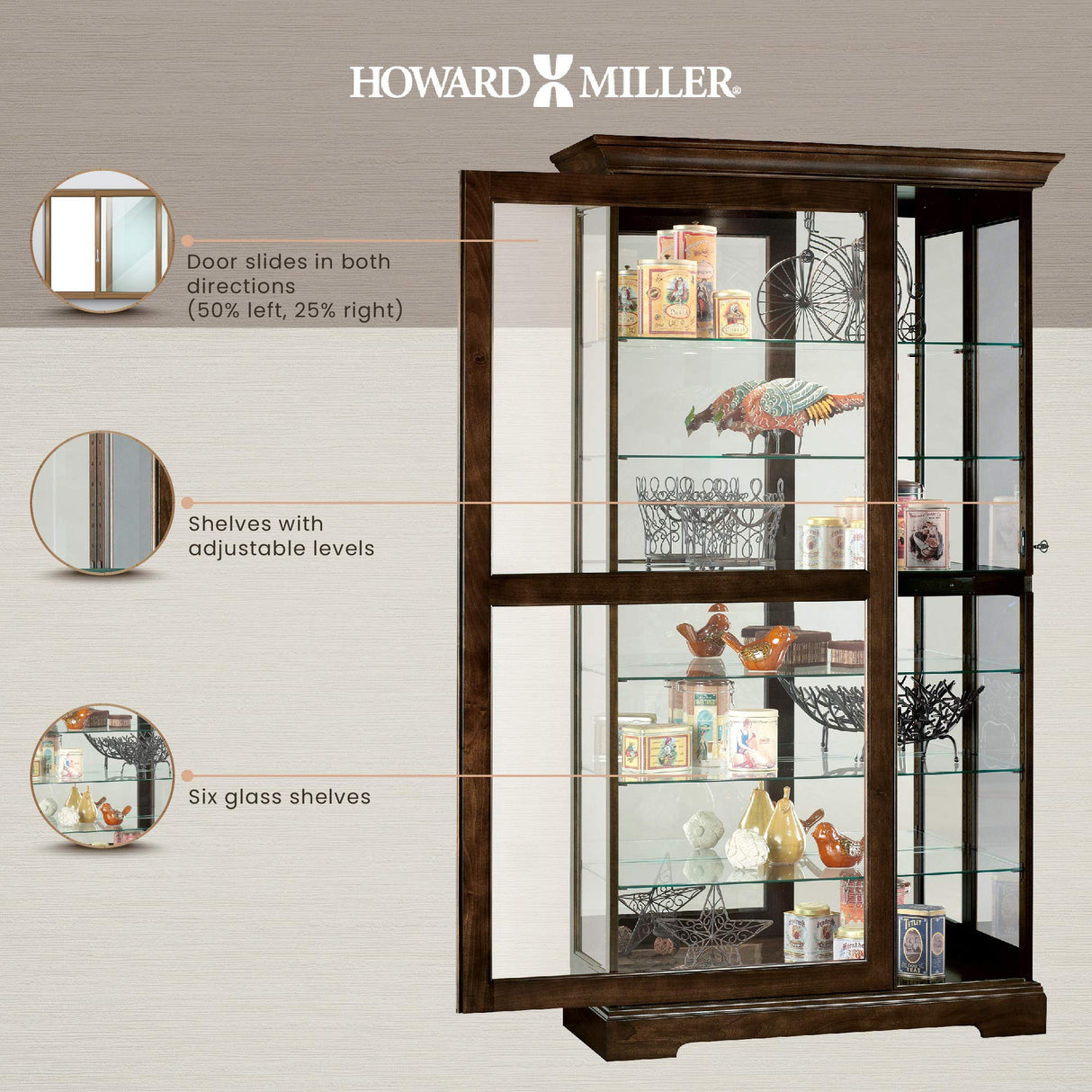 Howard Miller Tyler III Curio Cabinet II - Elegant Espresso Finish Home Décor Glass Display Cabinet with Lock, Sliding Glass Door - Storage Cabinet for Living Room, Bedroom or Dining Room Howard Miller