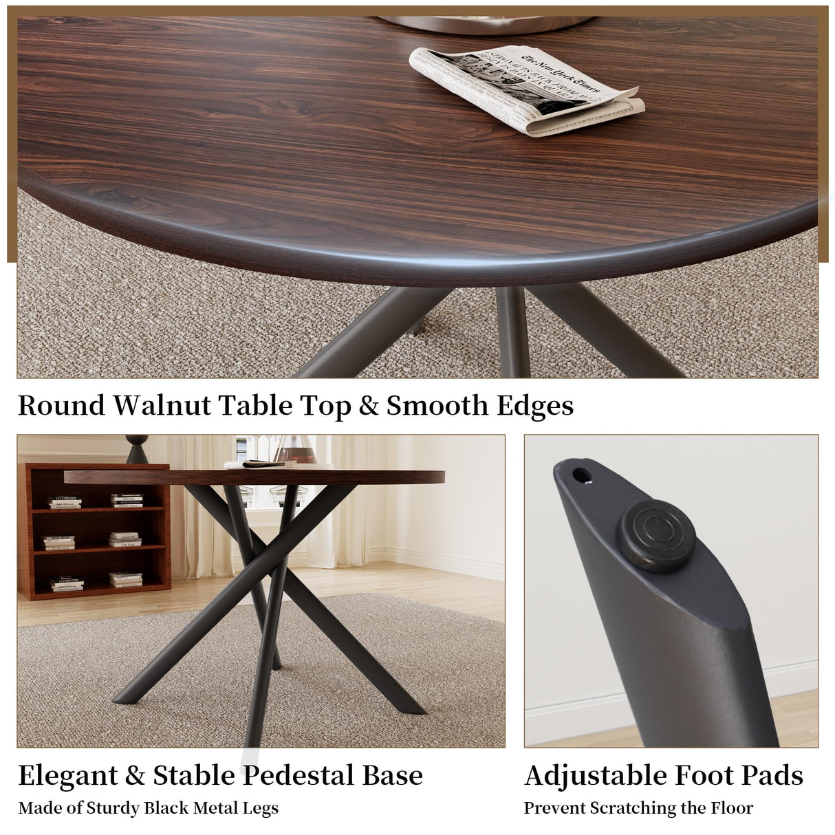 HIPIHOM 45.3 Inch Round Dining Table Set for 4, Mid Century Modern Small Coffee Set for Dining Room Kitchen Apartment (Dark Walnut Table + 4 U-Shaped Brown Chairs) HIPIHOM