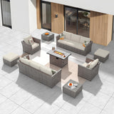 ovios 13 Piece Patio Furniture Set with Fire Pit Table,Outdoor Rattan Wicker Coversation Set with Comfy Seating, Sectional Chairs for Outside Porch Balcony Backyard Pool,Beige ovios