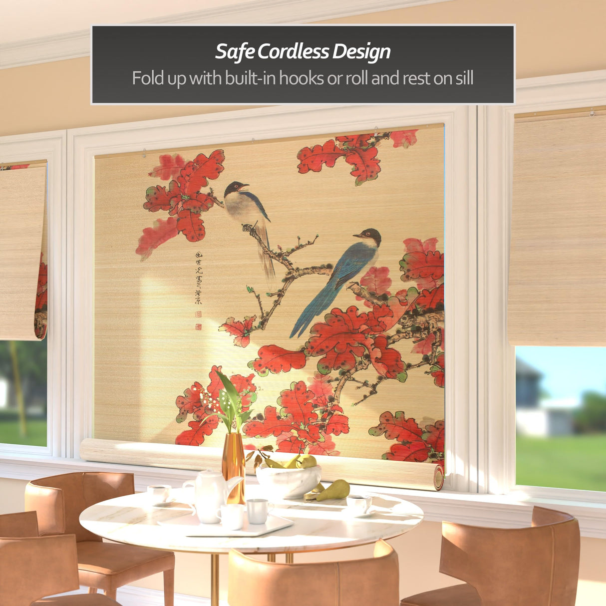 Red Lantern Bamboo Window Shade Blind - Roosting Bird 72" Wide Red Lantern