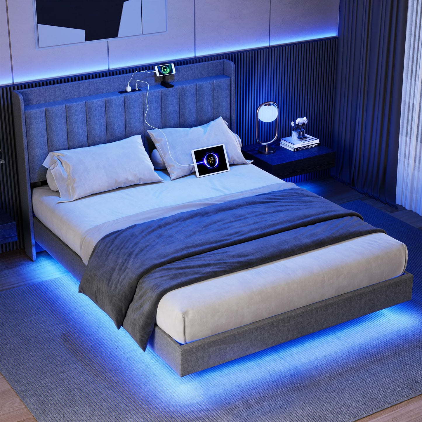 Coucheta King Size Floating Bed Frame with LED Lights and Charging Station in Grey - WoodArtSupply