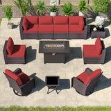 Kullavik 11 Pieces Outdoor Patio Furniture Set with 55000BTU Gas Propane Fire Pit Table,PE Wicker Rattan Sectional Sofa Patio Conversation Sets,Swivel Rocking Chairs Set,Red Kullavik
