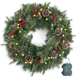 Christmas Wreath Snowy Pre-lit 24 inch with 50 Light & Pine Cone, Artificial Christmas Wreaths for Front Door with Lights, Wreath for Christmas Decoration Door Windows Wall Green HomeKaren