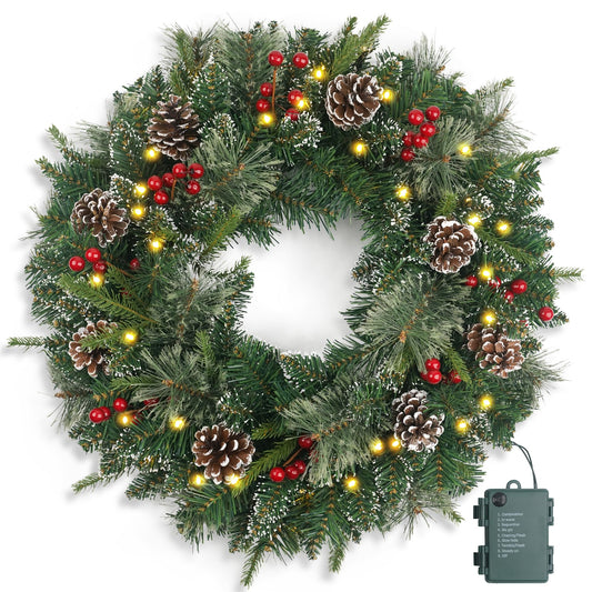 Christmas Wreath Snowy Pre-lit 24 inch with 50 Light & Pine Cone, Artificial Christmas Wreaths for Front Door with Lights, Wreath for Christmas Decoration Door Windows Wall Green