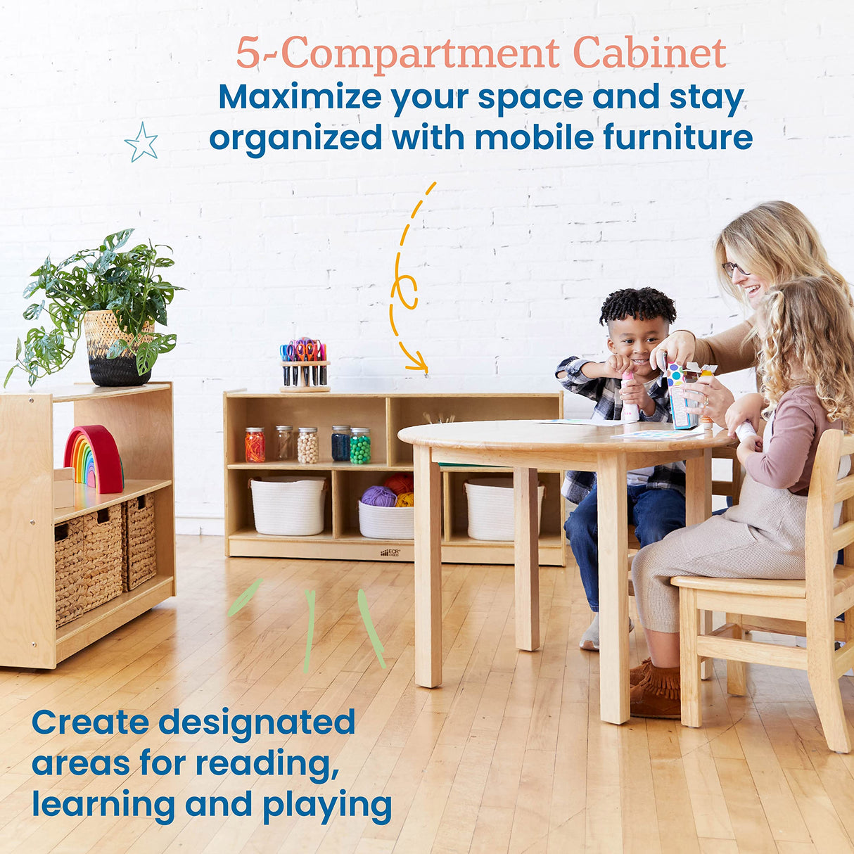 ECR4Kids 5-Compartment Mobile Storage Cabinet, 24in, Classroom Furniture, Natural ECR4Kids