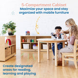 ECR4Kids 5-Compartment Mobile Storage Cabinet, 24in, Classroom Furniture, Natural ECR4Kids