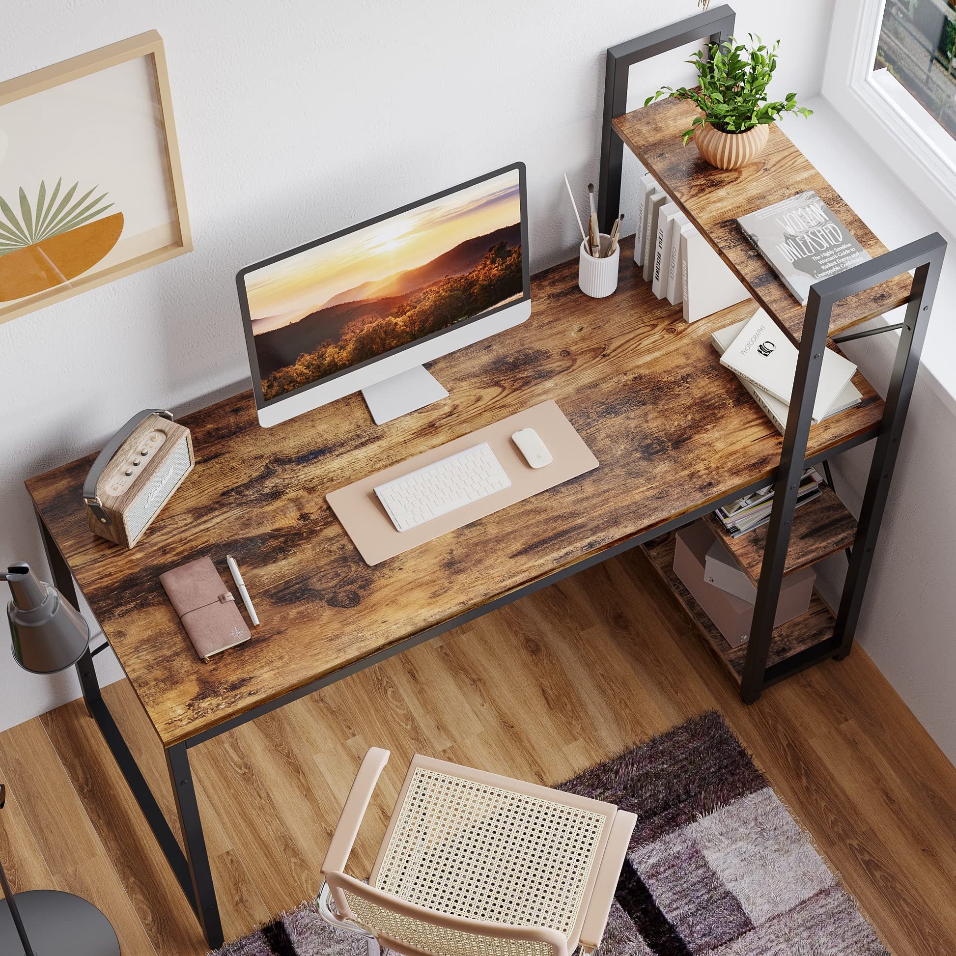 Bestier 55-Inch Rustic Brown Computer Desk with Reversible Shelves and Ample Storage - WoodArtSupply