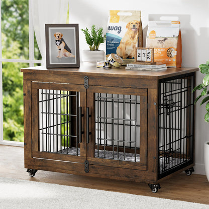 YaFiti Dog Crate Furniture with Cushion, Wooden Dog Kennel with Double Doors, Heavy Duty Dog Cage End Table with Wheels, Dog House Indoor for Small Medium Dogs up to 45 lb, 32.5” L, Rustic Br - WoodArtSupply