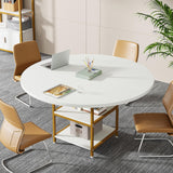 Tribesigns 47-Inch Round Conference Table for 4-6 People, Wood Meeting Room Table with Storage Shelf and Metal Legs, Modern Office Training Desk for Conference Room Seminar Room (White Gold) Tribesigns