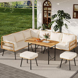 Senfot 6 Pieces Outdoor Patio Furniture Set with Table, All-Weather Boho Wicker Rattan Patio Sectional L-Shaped Sofa, Metal Frame, Detachable Cushions, for Patio, Balcony, Backyard, Deck, Beige Senfot