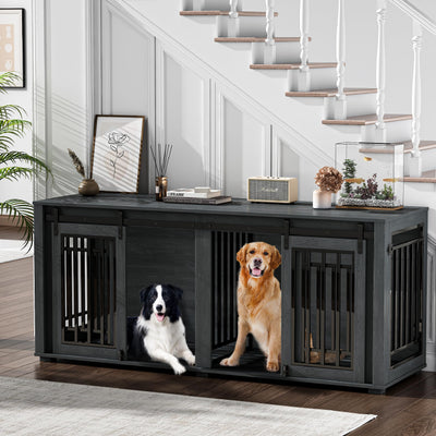 DEYGIA Large Dog Crate Furniture for 2 Dogs, Upgrade 71" Pro XXL Sliding Door Heavy Duty Dog Kennel Furniture with Divider, Steel Frame Indoor Double Dog Crate for Large Medium Small Dogs, Dark Black