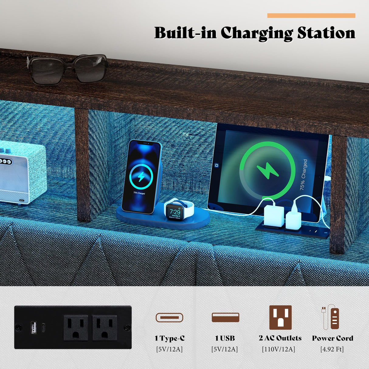 AMERLIFE King Size Bed Frame with Bookcase Headboard, 4 Storage Drawers, Wooden Platform Bed with Charging Station & LED Light, No Box Spring Needed, Noise-Free, Rustic Brown AMERLIFE