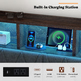 AMERLIFE King Size Bed Frame with Bookcase Headboard, 4 Storage Drawers, Wooden Platform Bed with Charging Station & LED Light, No Box Spring Needed, Noise-Free, Rustic Brown AMERLIFE