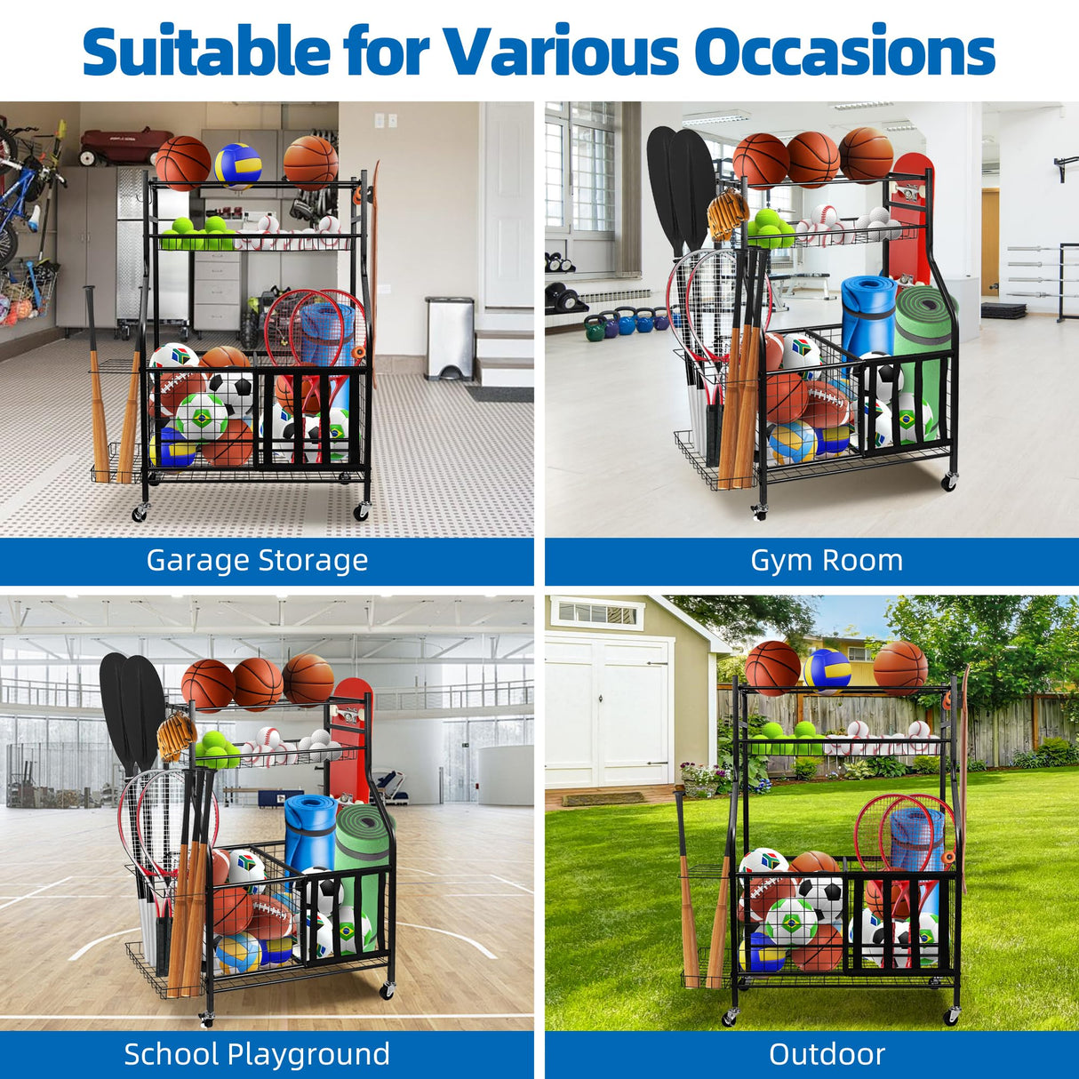 YOUNITA Garage Sports Equipment Organizer, Ball Storage Rack,Garage golf Organizer with Basket and Hooks,Rolling Sports Ball Storage Cart for Toy Gear Storage (45.71 inch) YOUNITA