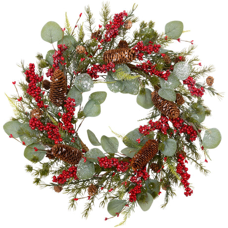 VGIA 20 Inch Christmas Wreath for Front Door Artificial Winter Wreath with Eucalyptus Leaves Pine Cones Red Berry Door Wreath with Artificial Snow for Indoor Outdoor Christmas Decorations VGIA