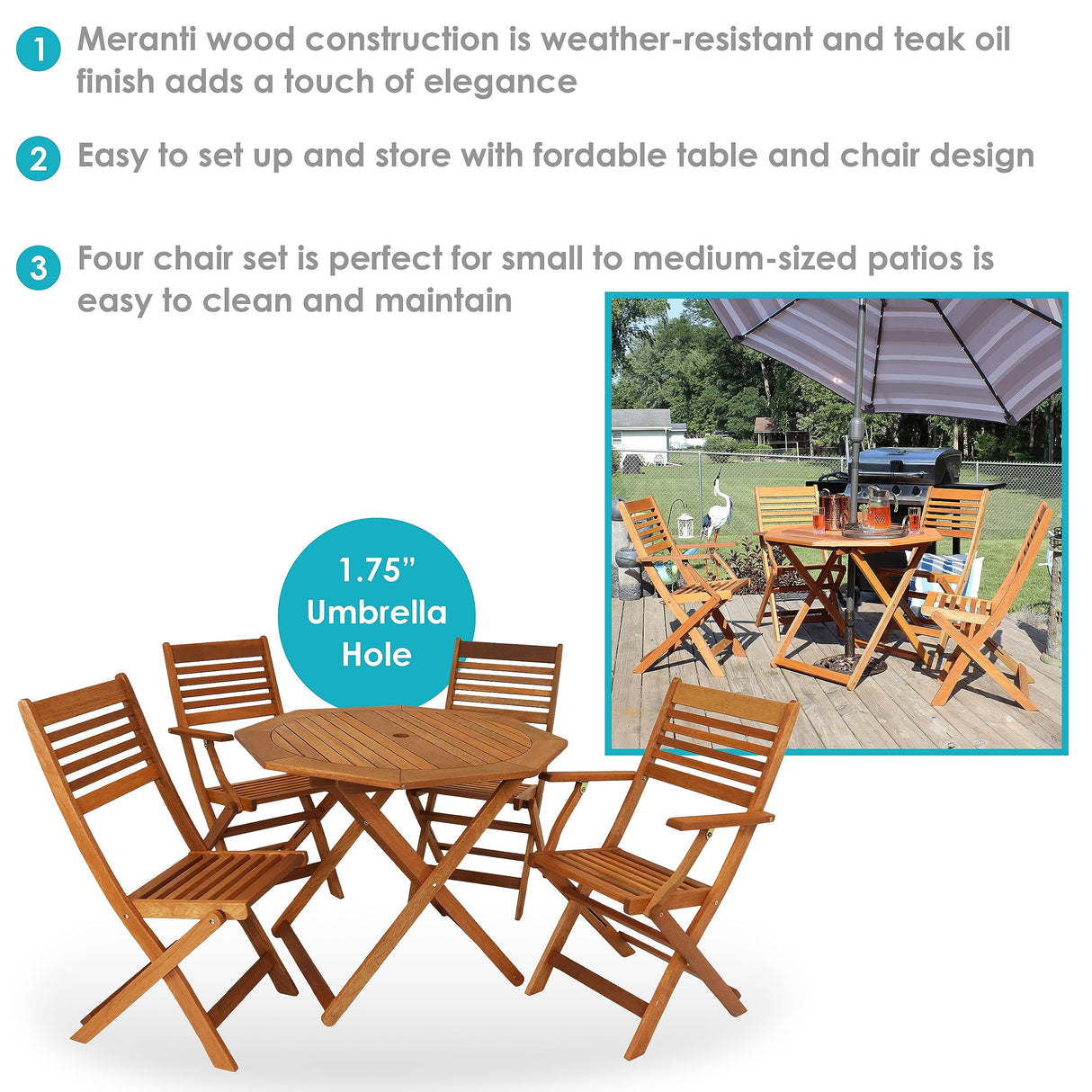 Sunnydaze Meranti Wood 5-Piece Foldable Outdoor Patio Dining Set - 4-Chairs and 1 Table - Teak Oil Finish Sunnydaze