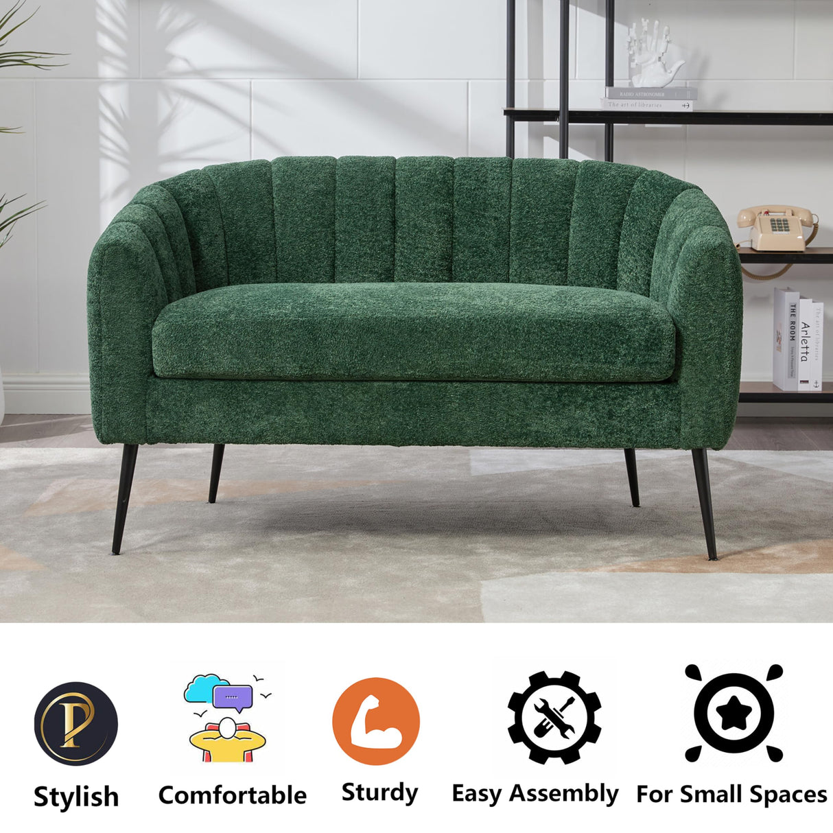 OIKIIWOO 50.2" Small Sofa Couch for Small Spaces,Modern Corduroy Loveseat Couches,Oval 2 Seater Sofas Love Seat with Metal Legs for Apartment,Bedroom,RV. (Green, 50.2") OIKIIWOO