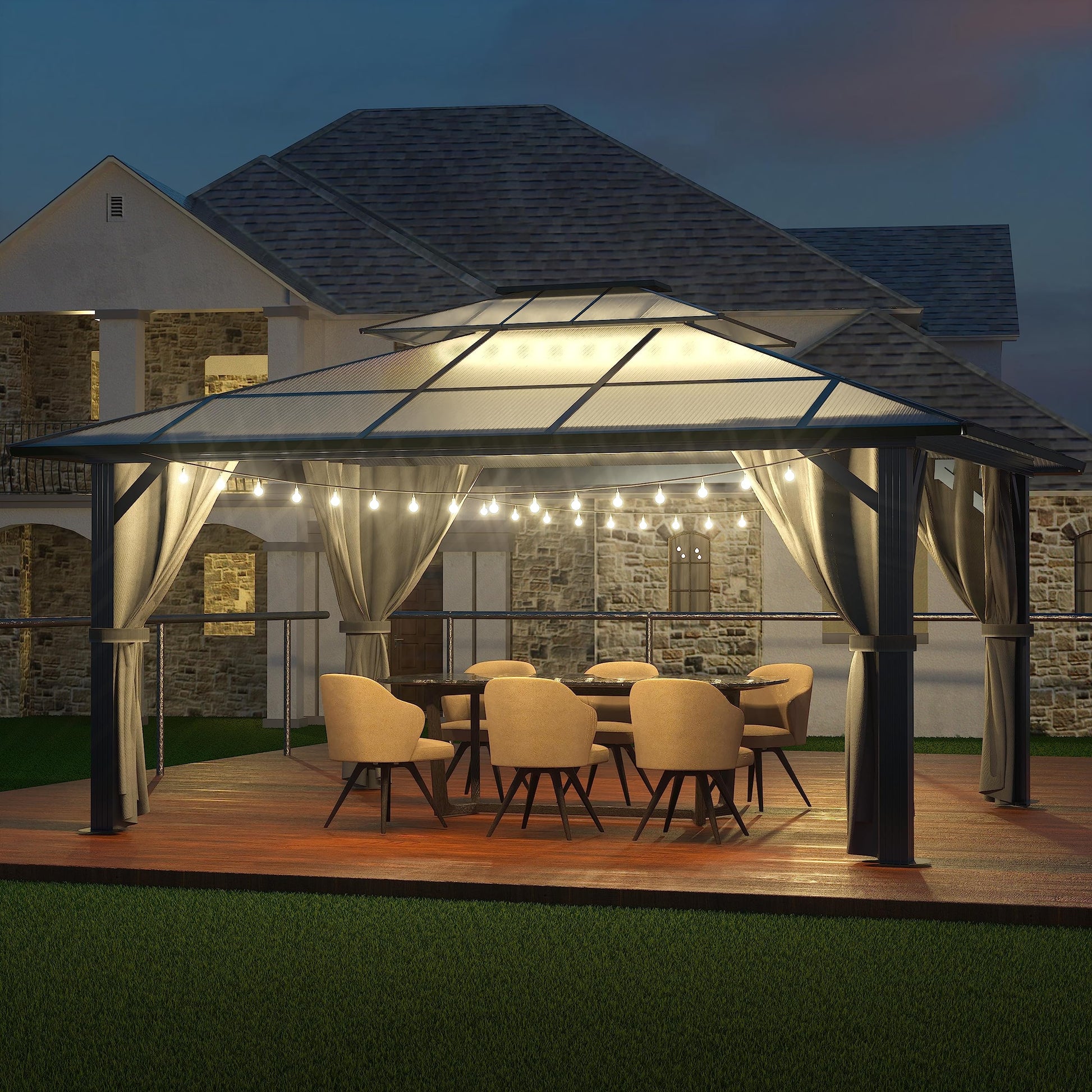 MUPATER Outdoor 10' x 13' Polycarbonate Hardtop Gazebo with Aluminum Frame, Double Roof Canopy, Netting and Curtainsfor Patios, Deck, Lawns, Gardens and Pools - WoodArtSupply