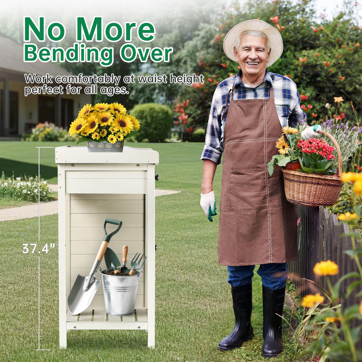 Outdoor Potting Bench with Storage Cabinet & Metal Tabletop, Garden Work Table, Wood Planting Workstation for Patio, w/Drawer HABAU