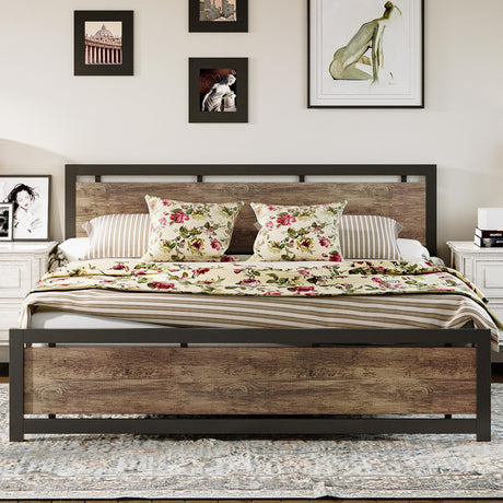 LIKIMIO Walnut King Bed Frame with Headboard & Footboard - Sturdy, Noise-Free Design with Ample Underbed Storage LIKIMIO