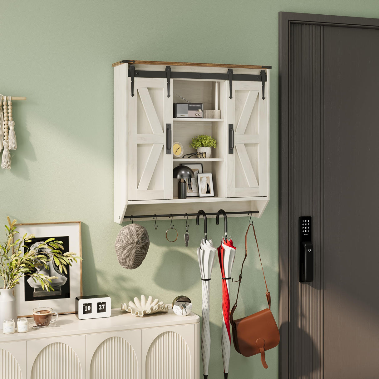 Trironsun Farmhouse Medicine Cabinet 2 Sliding Barn Doors 3 Tier Rustic Wood Wall Storage Cabinet Adjustable Shelf Towel Bar Wall Mounted Bathroom Wall Cabinet (Antique White, 30.71 Inch) Trironsun