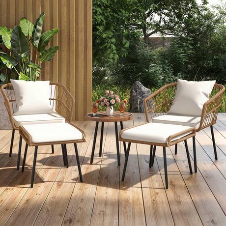DWVO Patio Furniture Set, 5 Pieces Wicker Outdoor Patio Bistro Set with Ottomans Footrest and Side Table for Porch Balcony Yard Garden Backyard Poolside, Beige DWVO