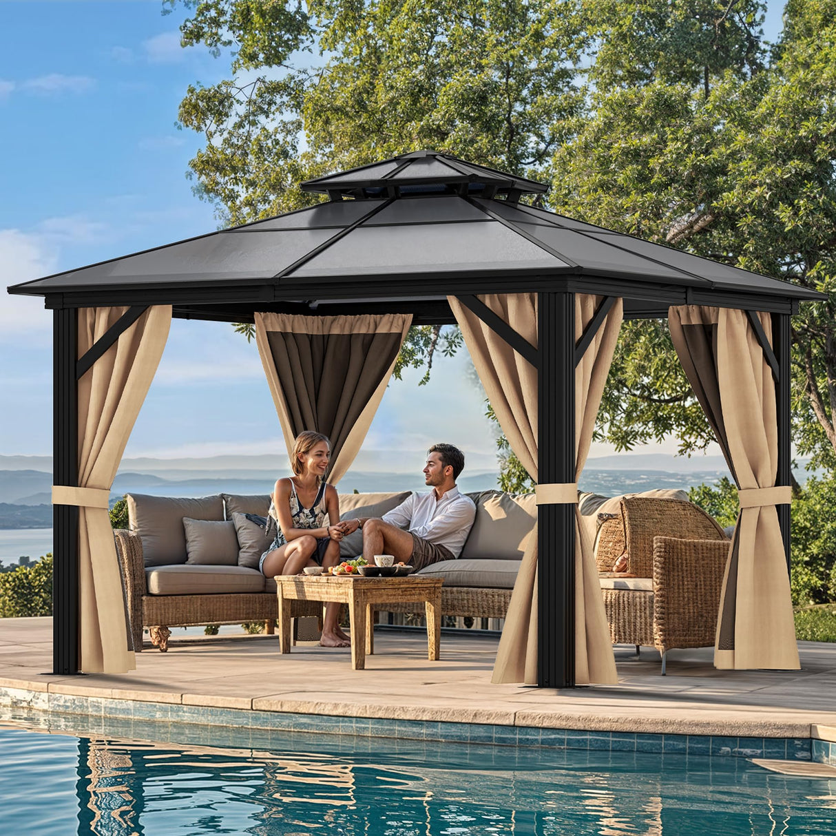 YITAHOME 10X10FT Hardtop Gazebo Outdoor Polycarbonate Patio Double Top Canopy Galvanized Iron Aluminum Column Garden Tent Curtains Netting for Backyards Decks Lawns,Brown YITAHOME