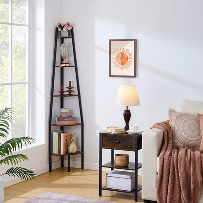 Hoctieon 5-Tier Industrial Corner Shelf - Rustic Brown Ladder Bookcase for Small Spaces - WoodArtSupply