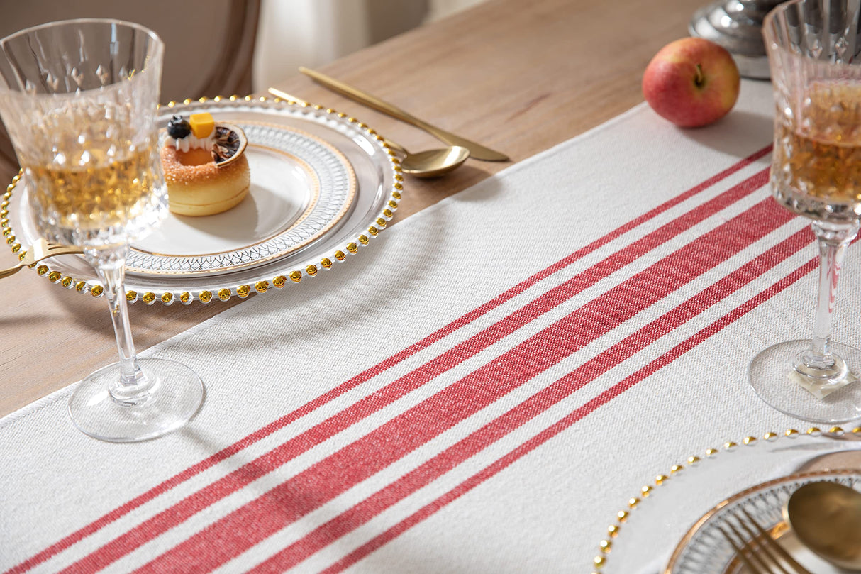Christmas Table Runner 13 x 72 Inch for Dining Table, Boho décor Coffee Table Runner with Handcrafted Tassels, red and Beige Stripe Table Runner for Holiday, Winter Caflife